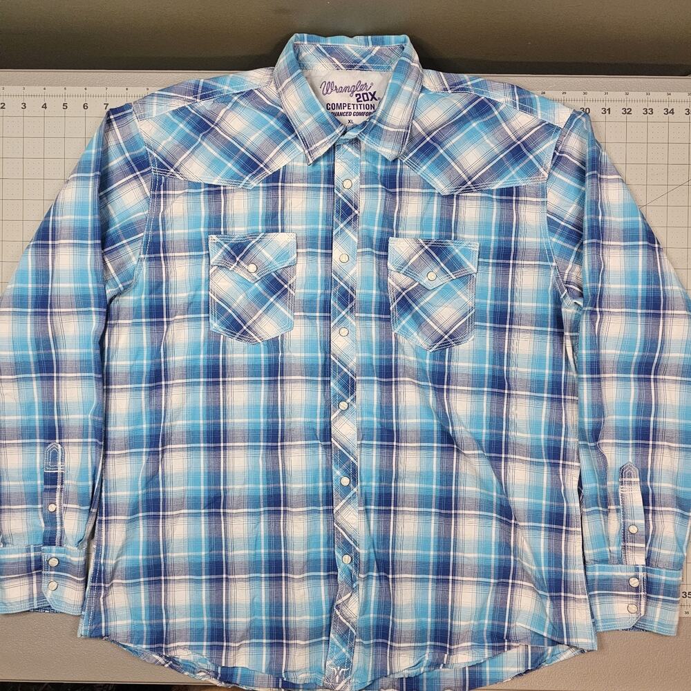 Wrangler 20x Western Shirt XL Blue Plaid Pearl Snap Stretch Competition Workwear